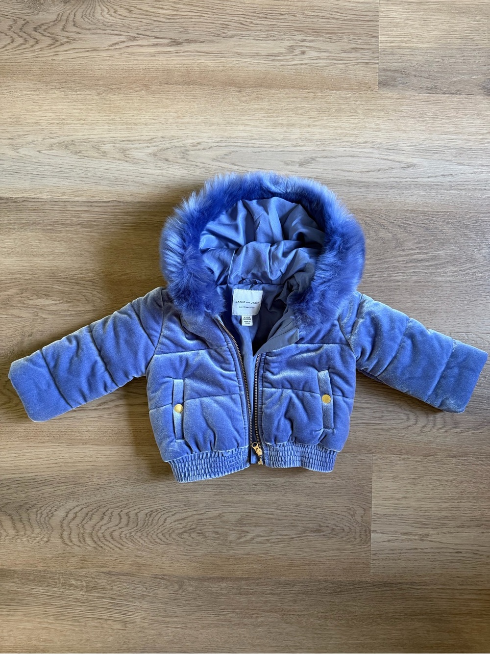 Janie and Jack size 6-12 months Purple/blue winter puffer with fur hood